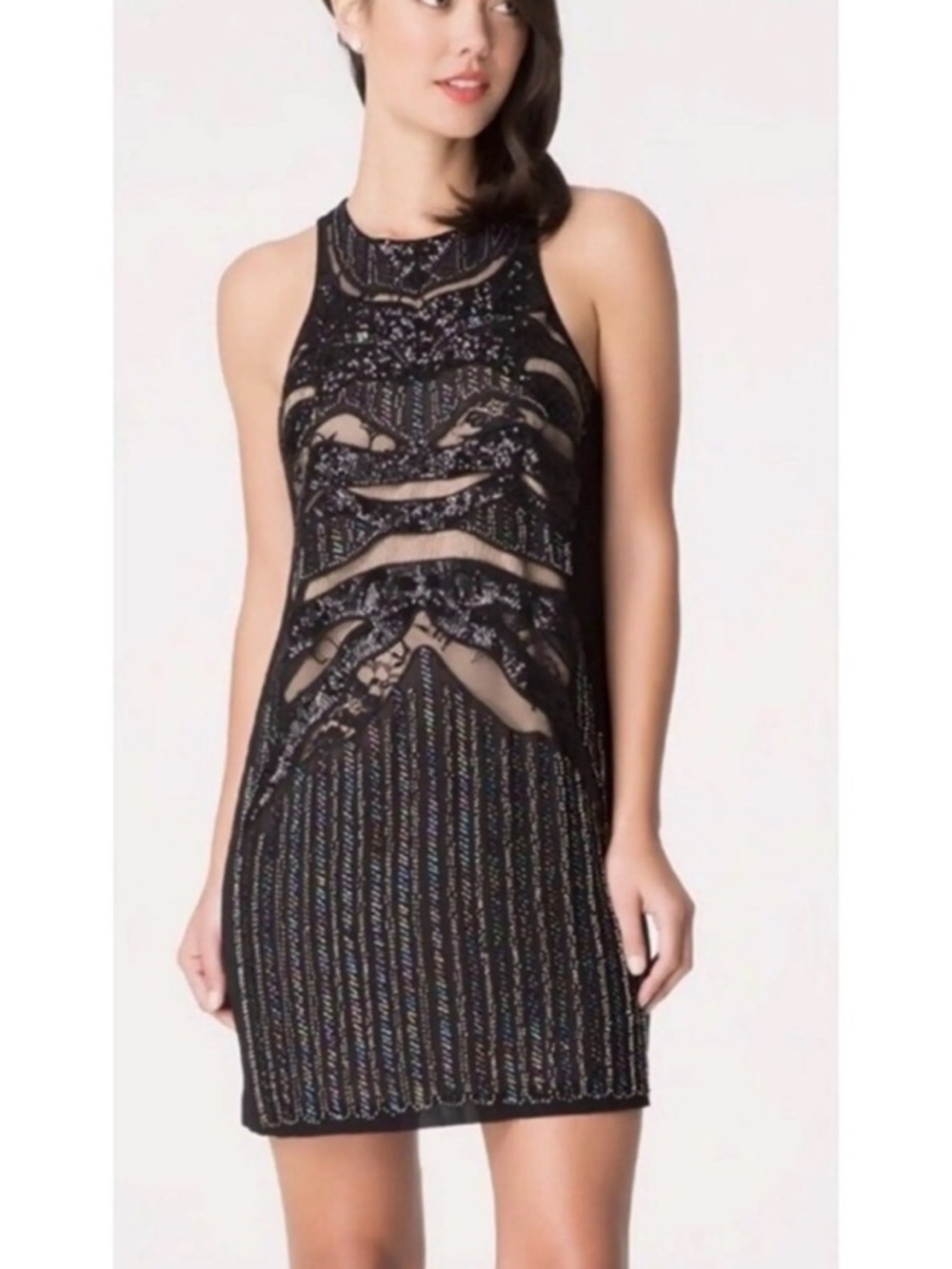 bebe Black Lace Mini Dress with Iridescent Beading